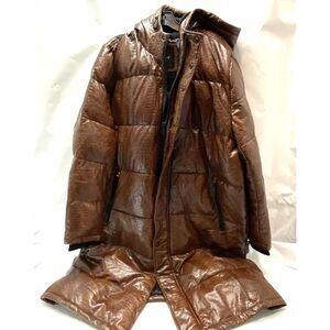 DKNY Brown Faux Leather Long Quilted Puffer Jacket XXL